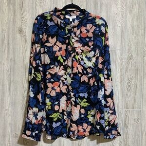 adyson parker Floral Long Sleeve Button Down Roll Tab Sleeve Rayon Top Size 3X